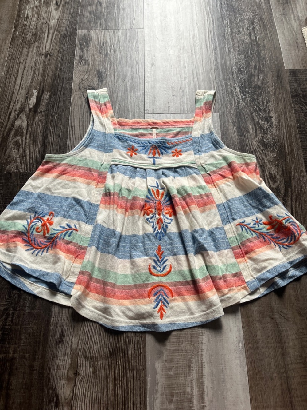 Free people Striped Embroidered Sleeveless Tank Top - Coral, Blue, Mint, Cream